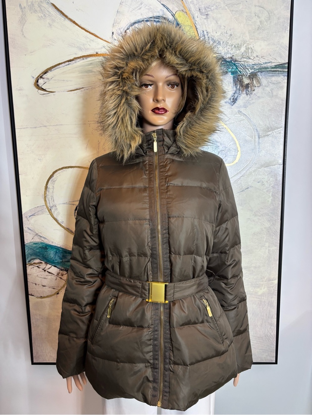Joe Fresh Brown Quilted Hooded Puffer Jacket with Belt - Picture 5 of 16